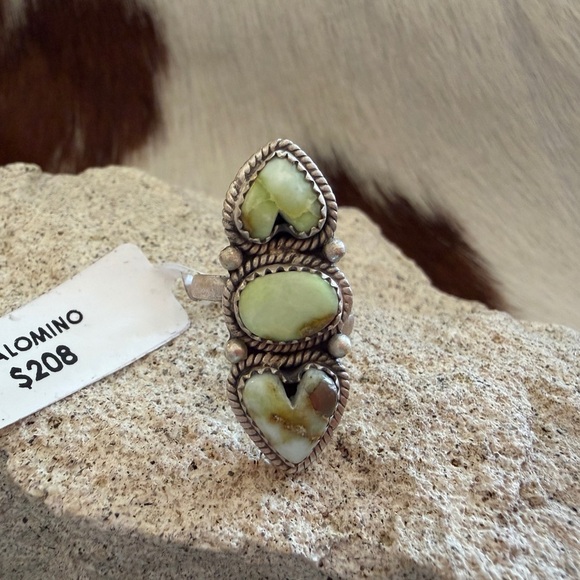 Hand Crafted Jewelry - ❤️ Palomino Variscite Navajo 3 Stone Heart Brushed Sterling 925 Adjustable Ring